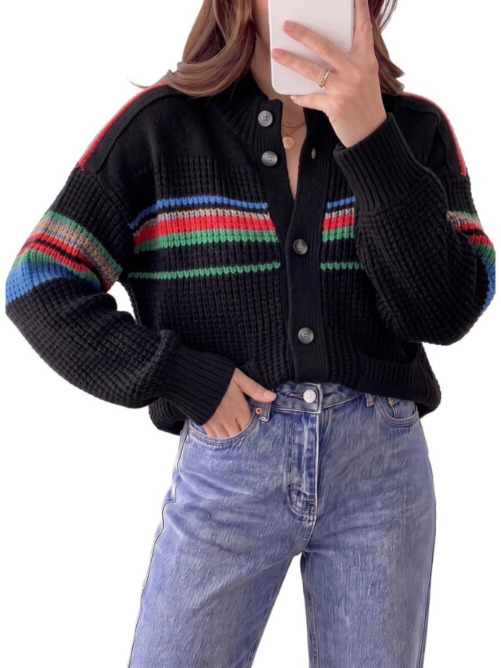 Womens Cardigan Sweaters Rainbow Striped Cable Knit Fall Outfits